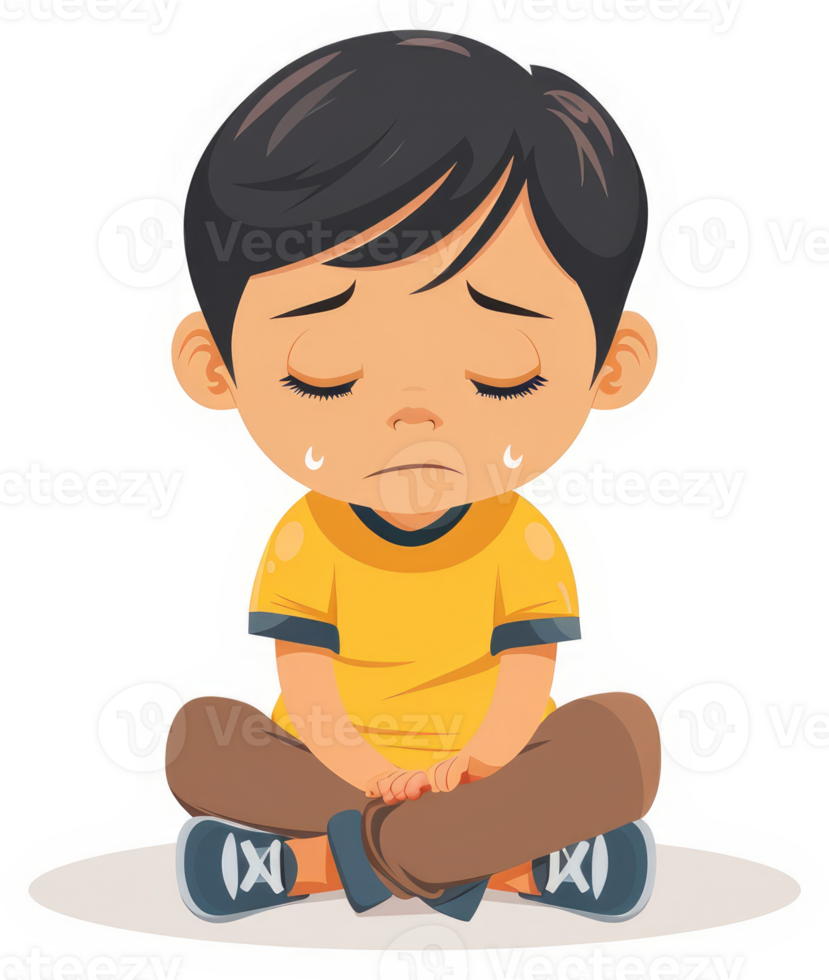 A sad little boy sits on the floor, tears in his eyes. png