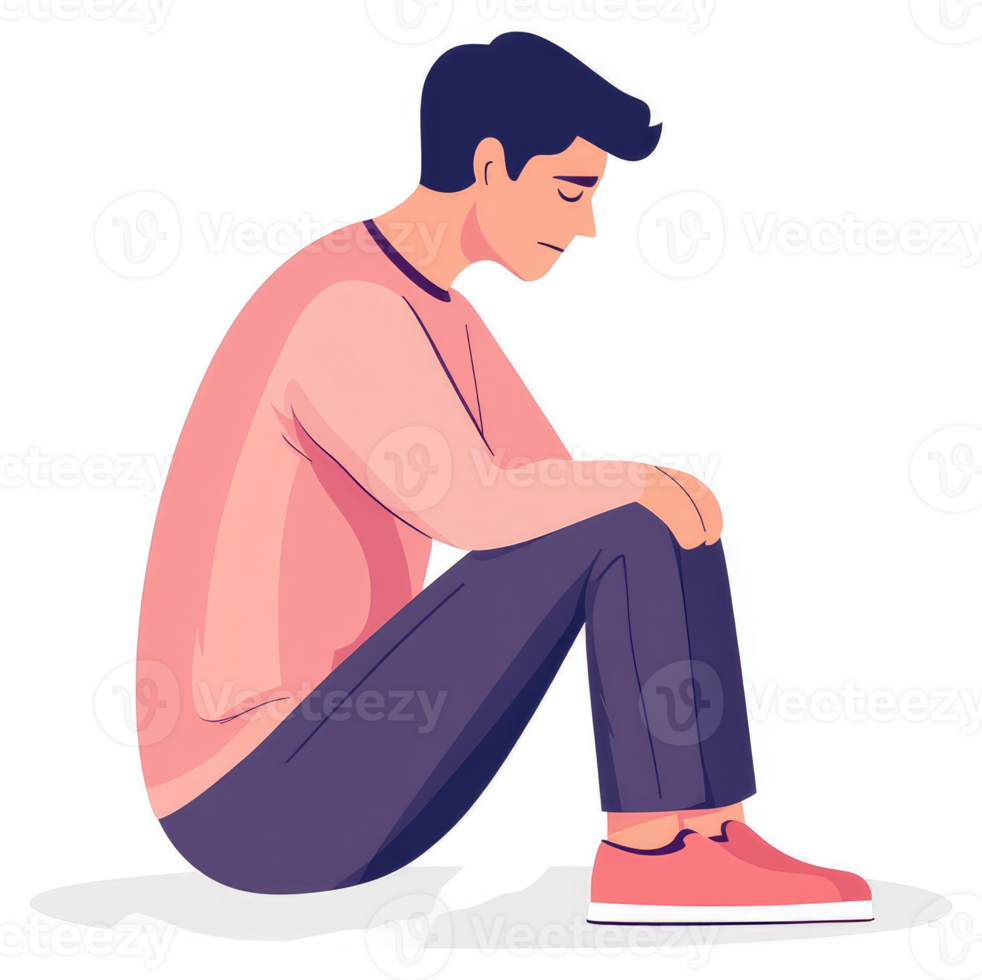 A sorrowful figure sits dejectedly, head bowed. png