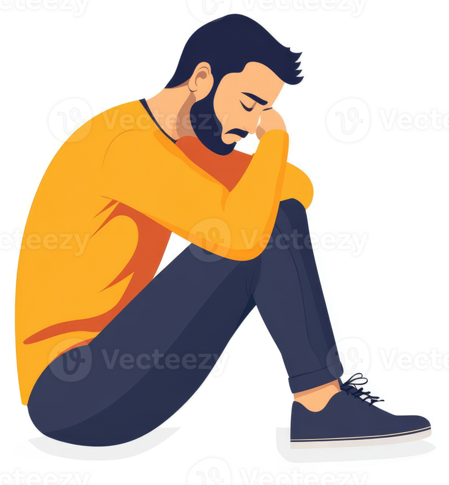 Depressed man sitting alone, head in hands, expressing sadness. png
