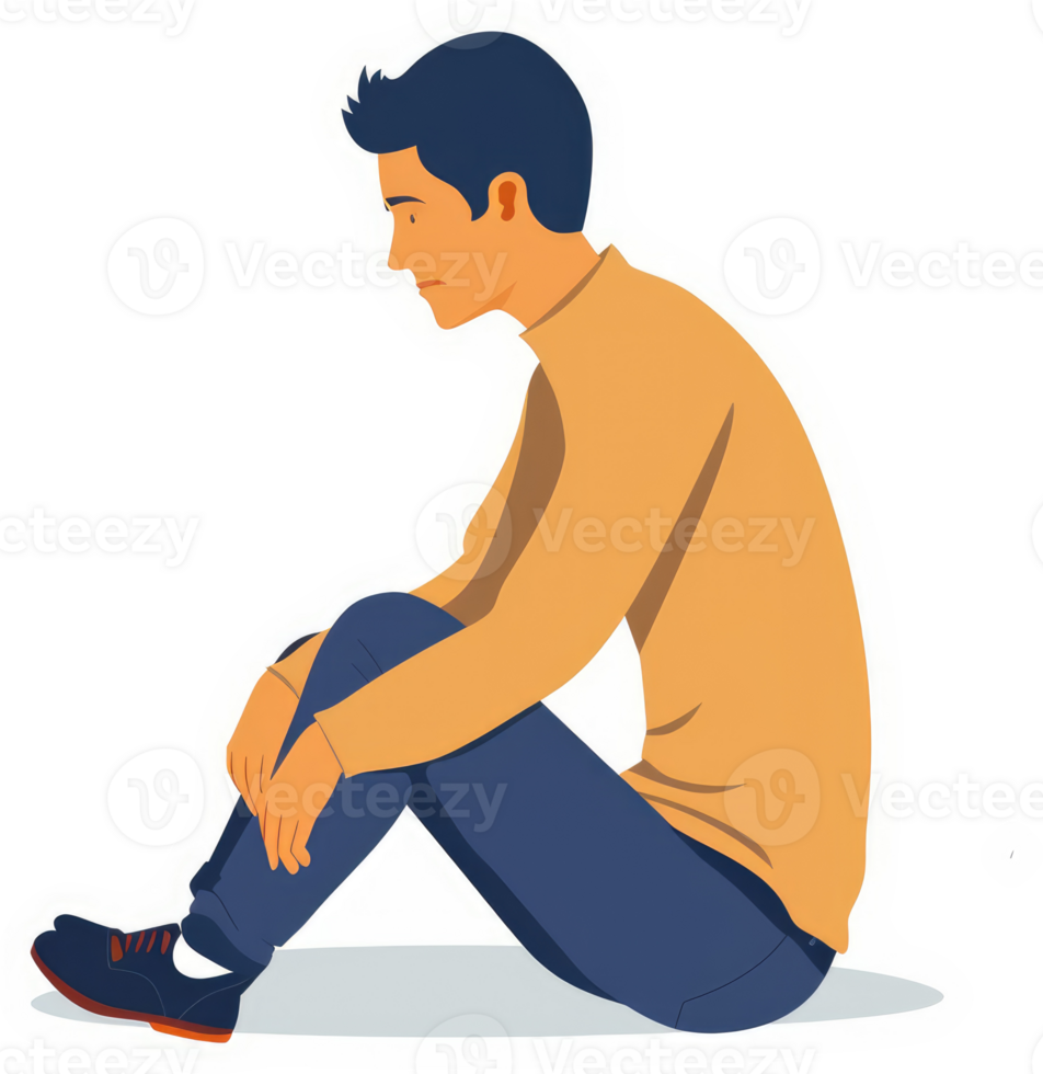 A young man sits dejected, head bowed, in a moment of pensive reflection. png