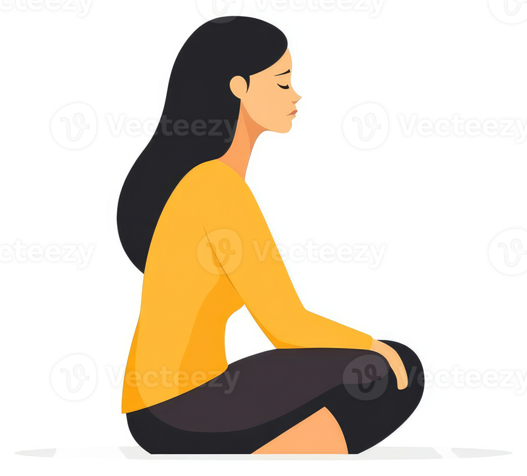 A pensive woman in a seated pose, reflecting. png