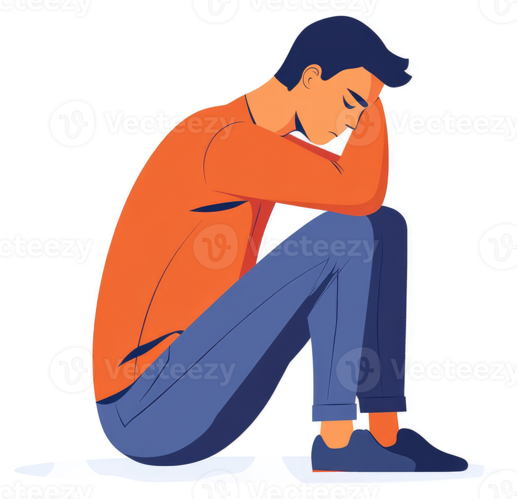 A young man sits dejectedly, head in hands, expressing sadness. png