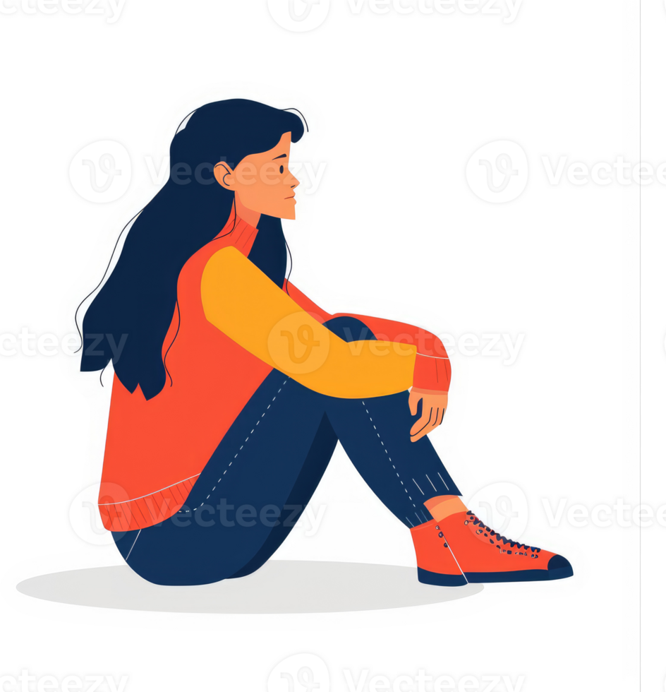 A pensive young woman sits thoughtfully, reflecting. png
