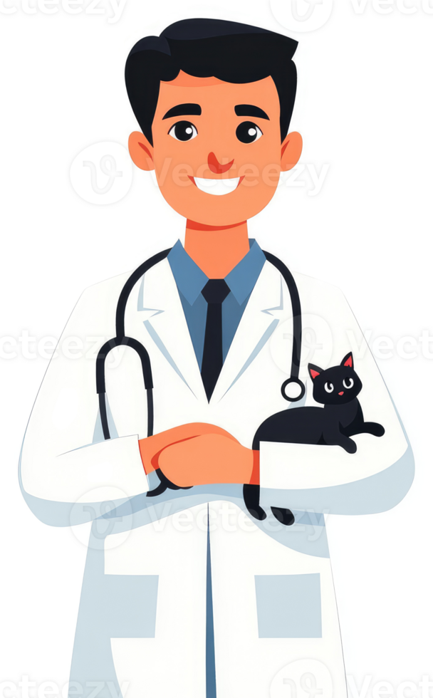 A friendly veterinarian holding a black cat. png