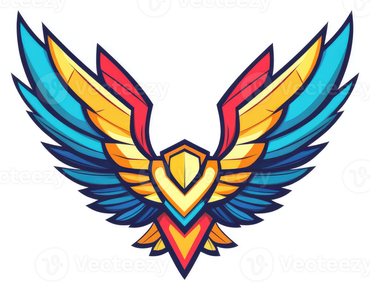 Vibrant colorful wings with a stylized shield emblem. png
