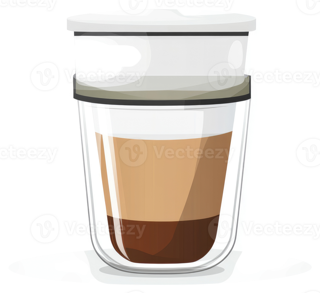 A double-walled glass cup with a lid, holding a layered coffee drink. png
