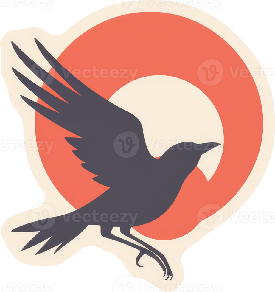 A stylized silhouette of a crow in flight against a sunset. png