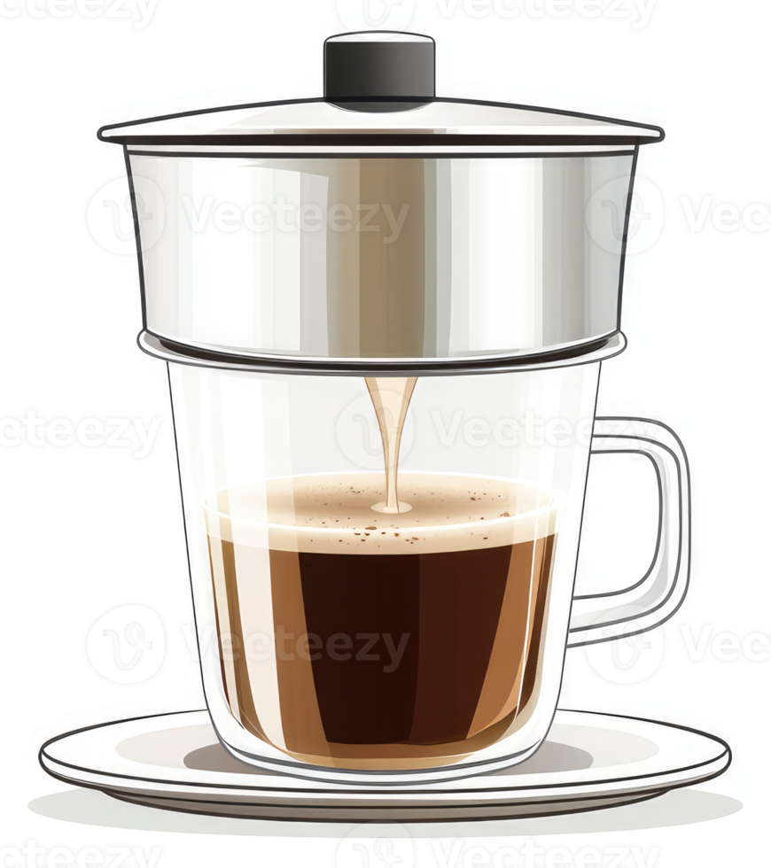 A glass coffee cup being filled with coffee from a pour-over brewer. png