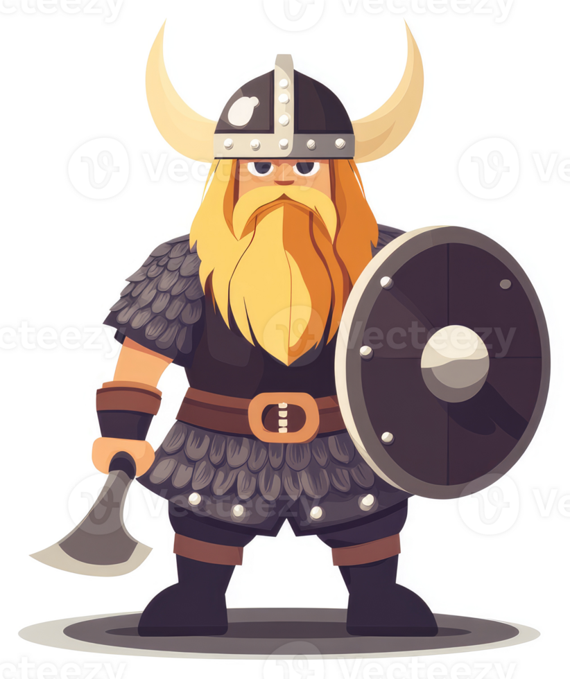 A fierce viking warrior with horned helmet, holding an axe and shield. png