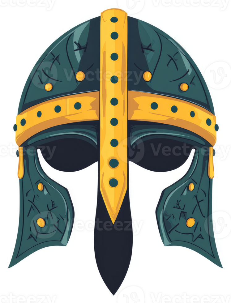 A stylized illustration of a medieval helmet with decorative details. png