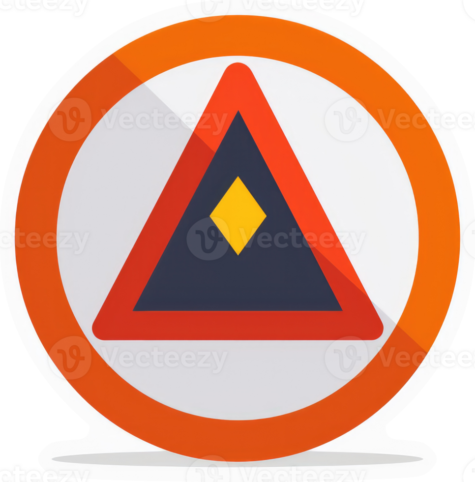 A warning traffic sign with a diamond shape, circular frame, and red and orange colors. png