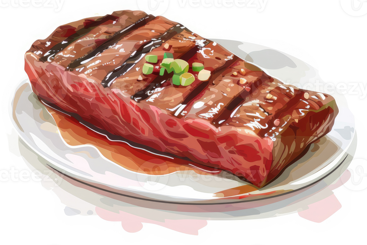 A grilled steak with a savory glaze on a white plate. png
