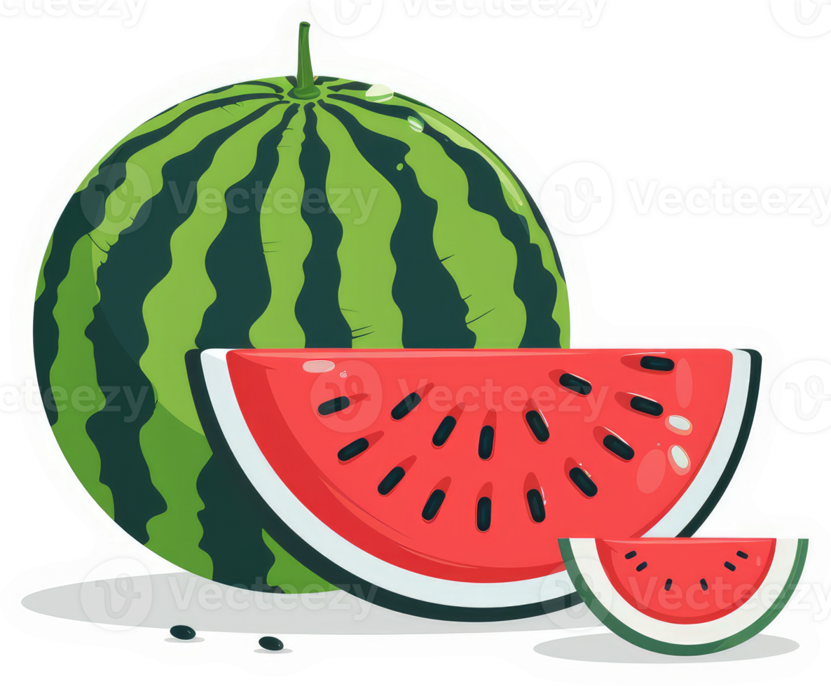 A vibrant illustration of a whole watermelon and a slice, showcasing its refreshing colors and texture. png