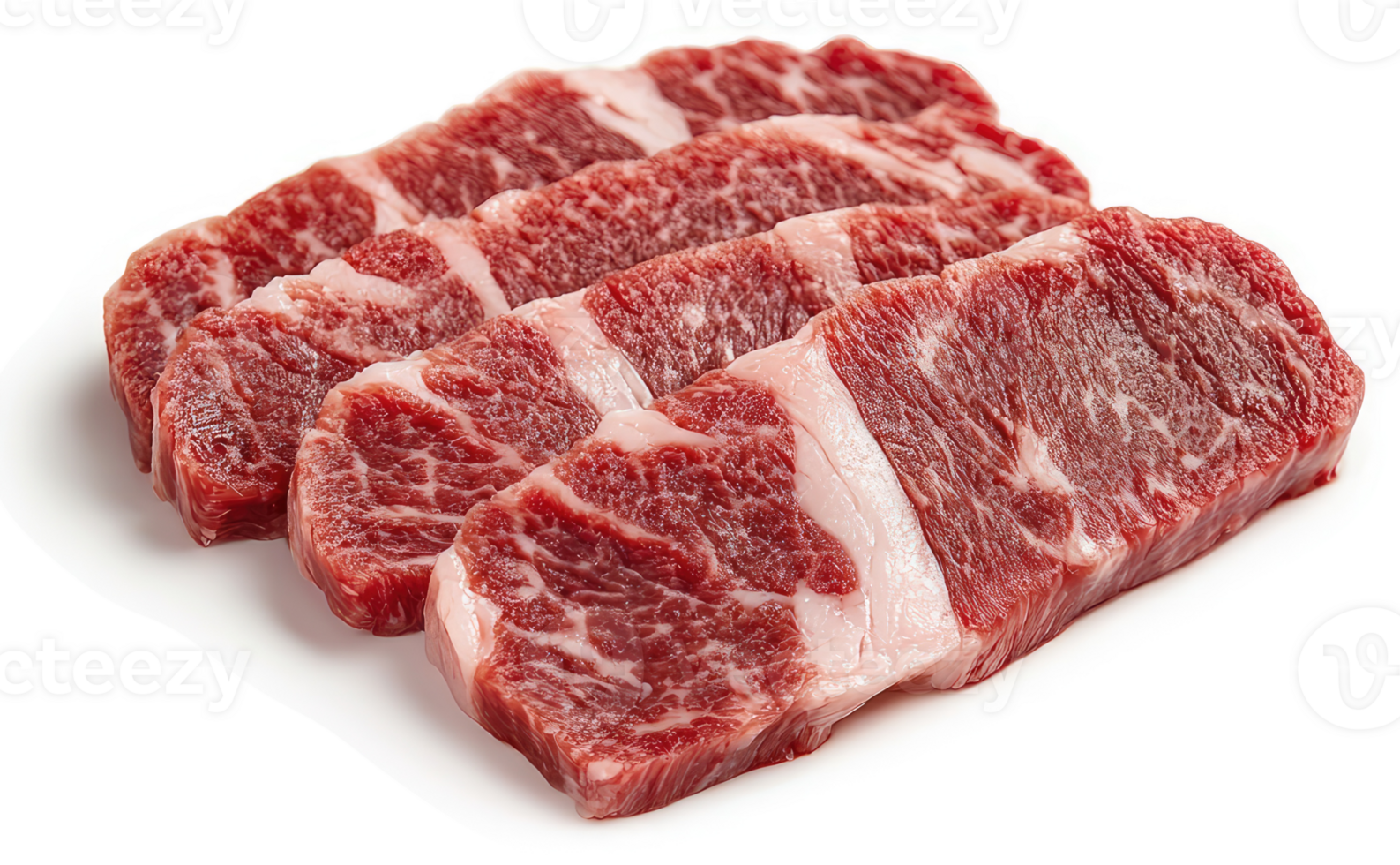 Freshly cut beef steaks arranged on a white surface. png
