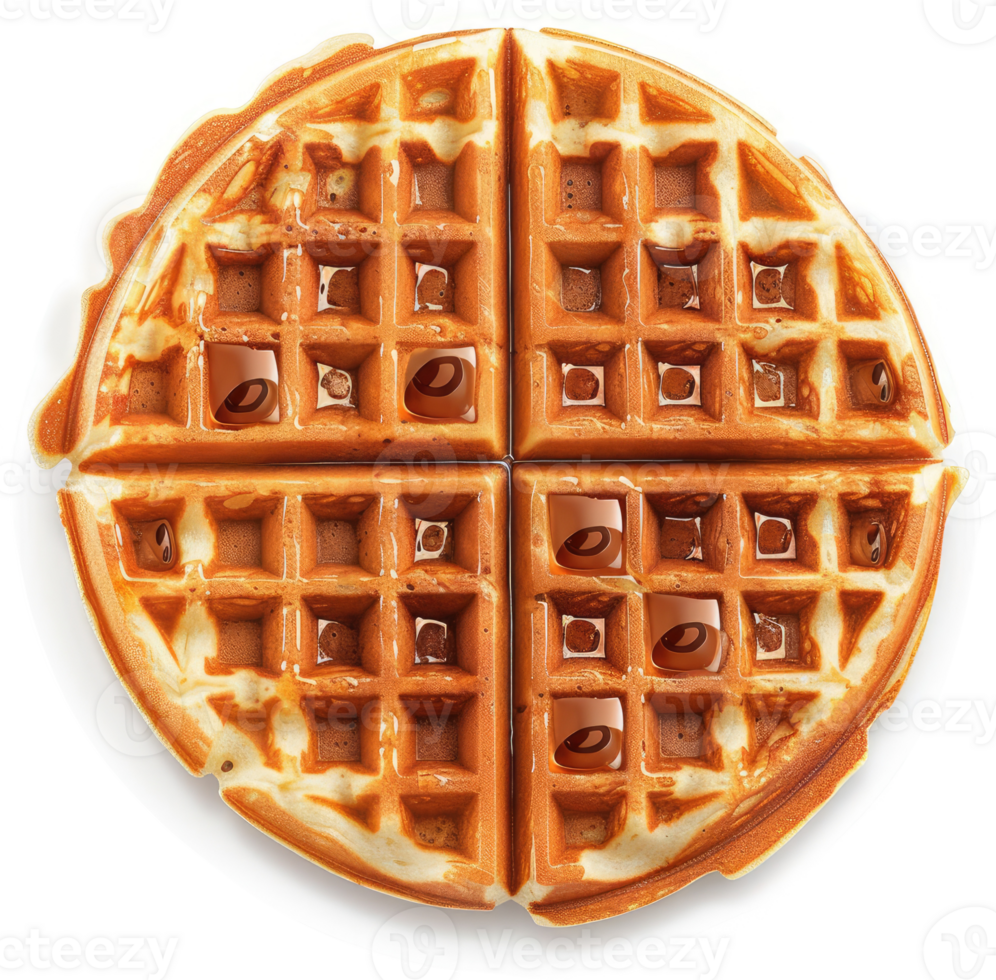 A round waffle, golden brown and topped with syrup, perfect for breakfast. png