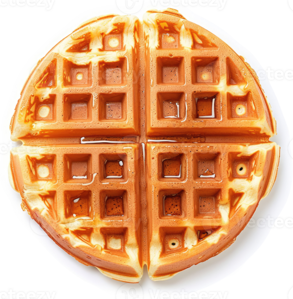 A golden brown, round waffle with a distinctive grid pattern, drizzled with syrup. png
