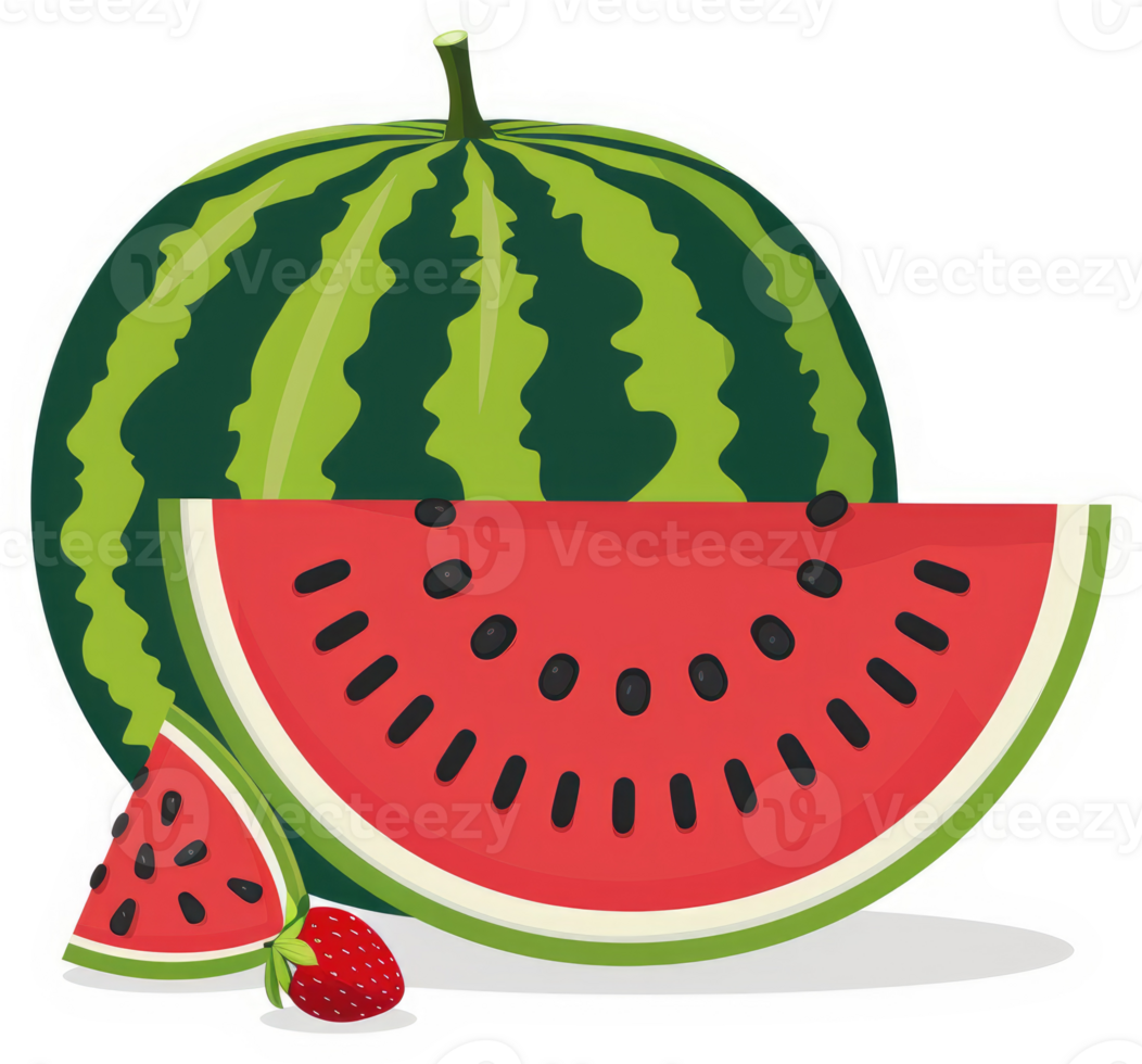 A vibrant illustration of a watermelon, a slice, and a strawberry. png