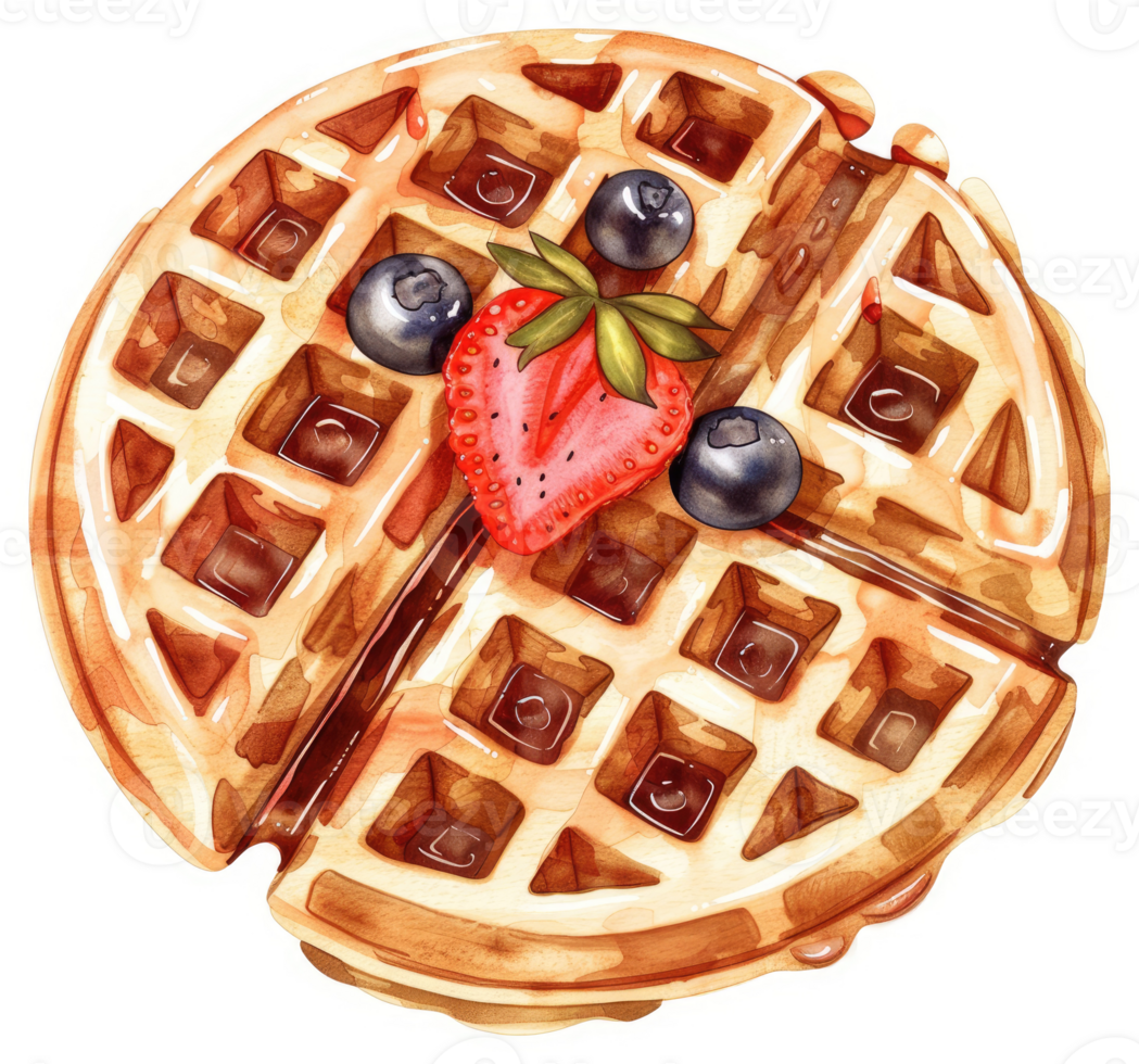 A delicious watercolor illustration of a waffle topped with fresh berries. png