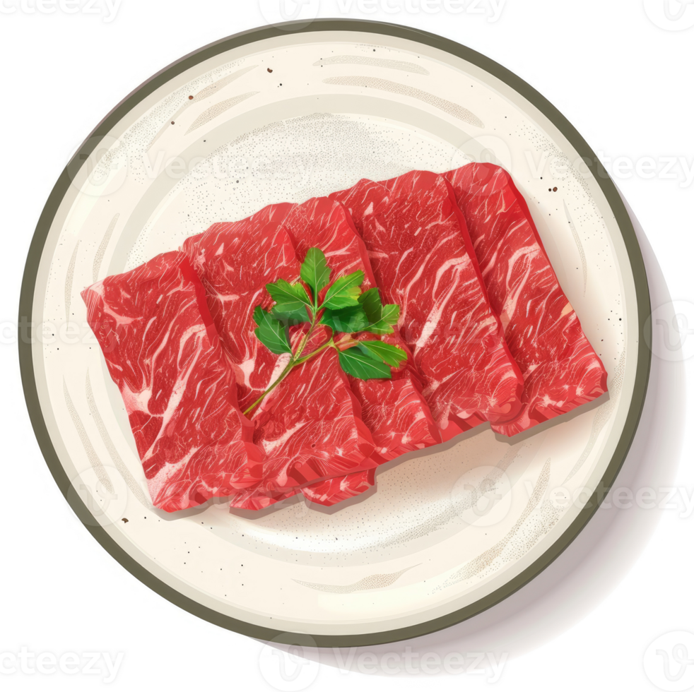 Raw beef slices arranged on a plate with parsley garnish. png