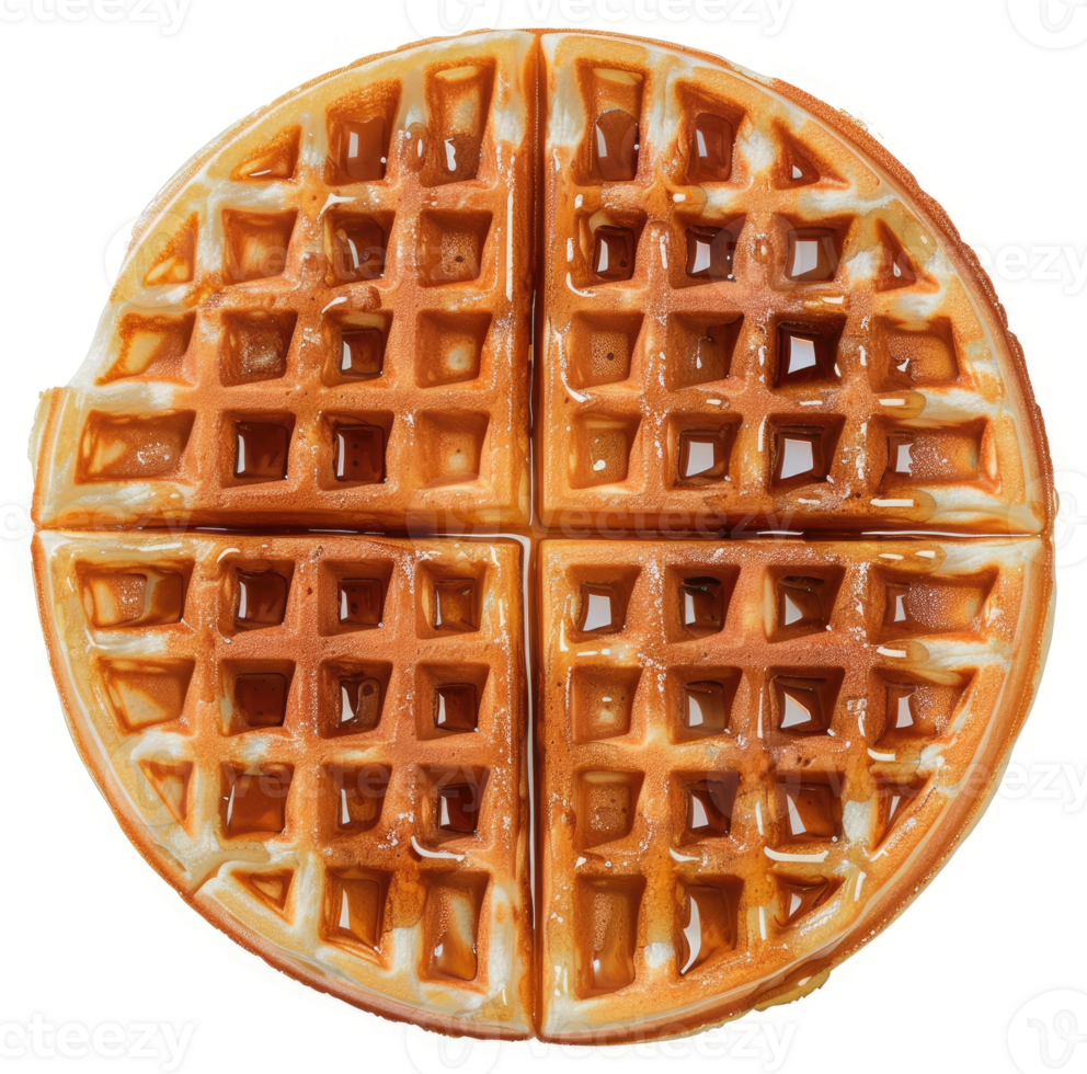 A golden brown waffle, glistening with sweet syrup. png