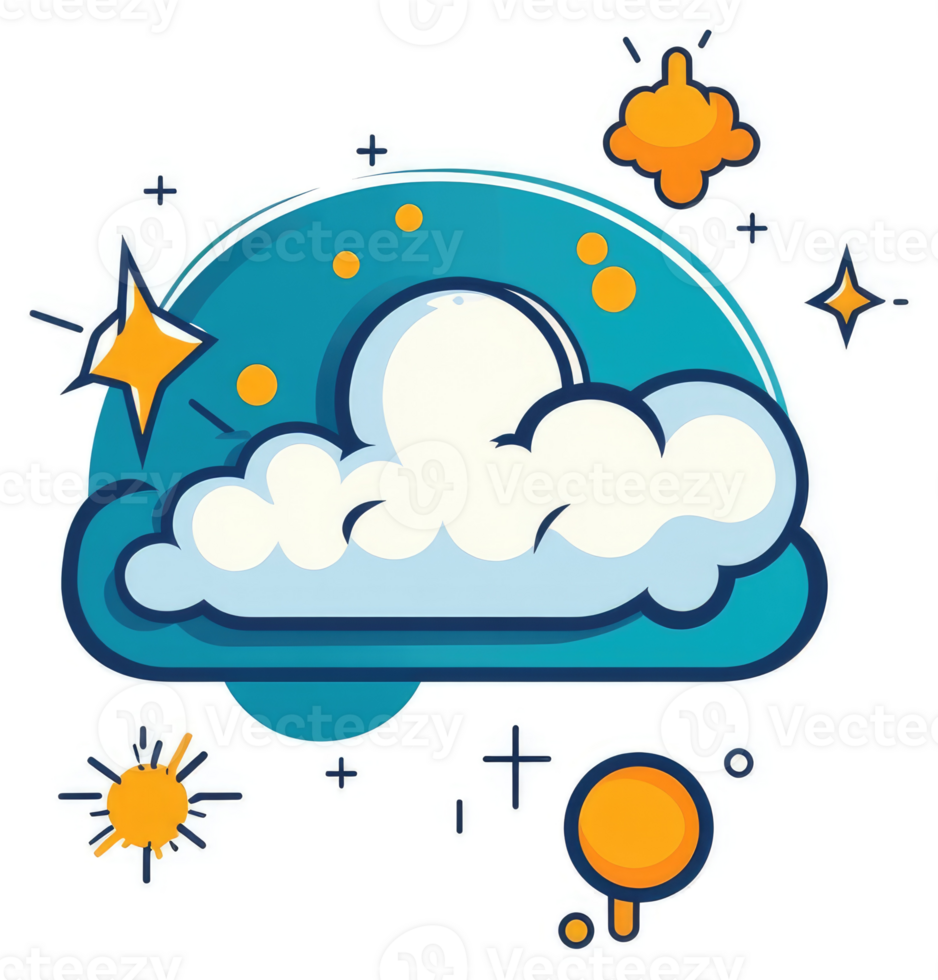A whimsical cartoon illustration of a cloud, moon, stars, and sun. png