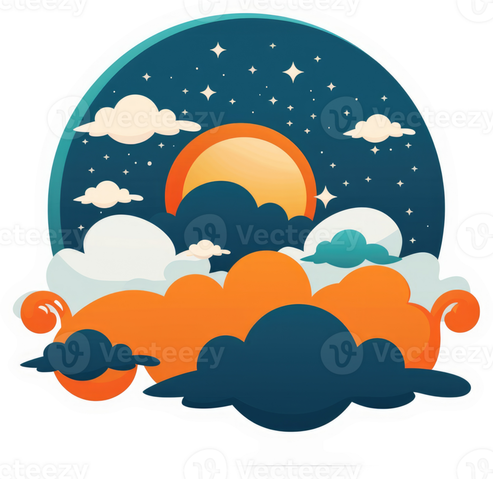 A vibrant illustration of a sunset and night sky with fluffy clouds. png