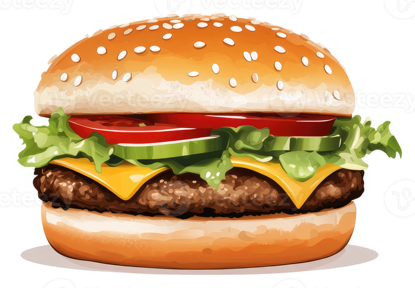 A delicious cheeseburger with sesame seed bun, juicy patty, and fresh toppings. png