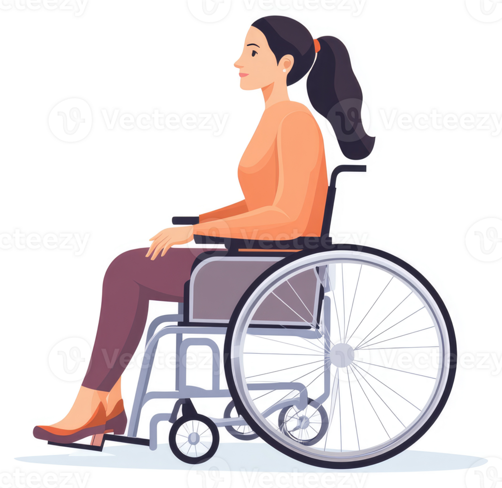 A woman in a wheelchair, profile view, represents inclusivity and accessibility. png