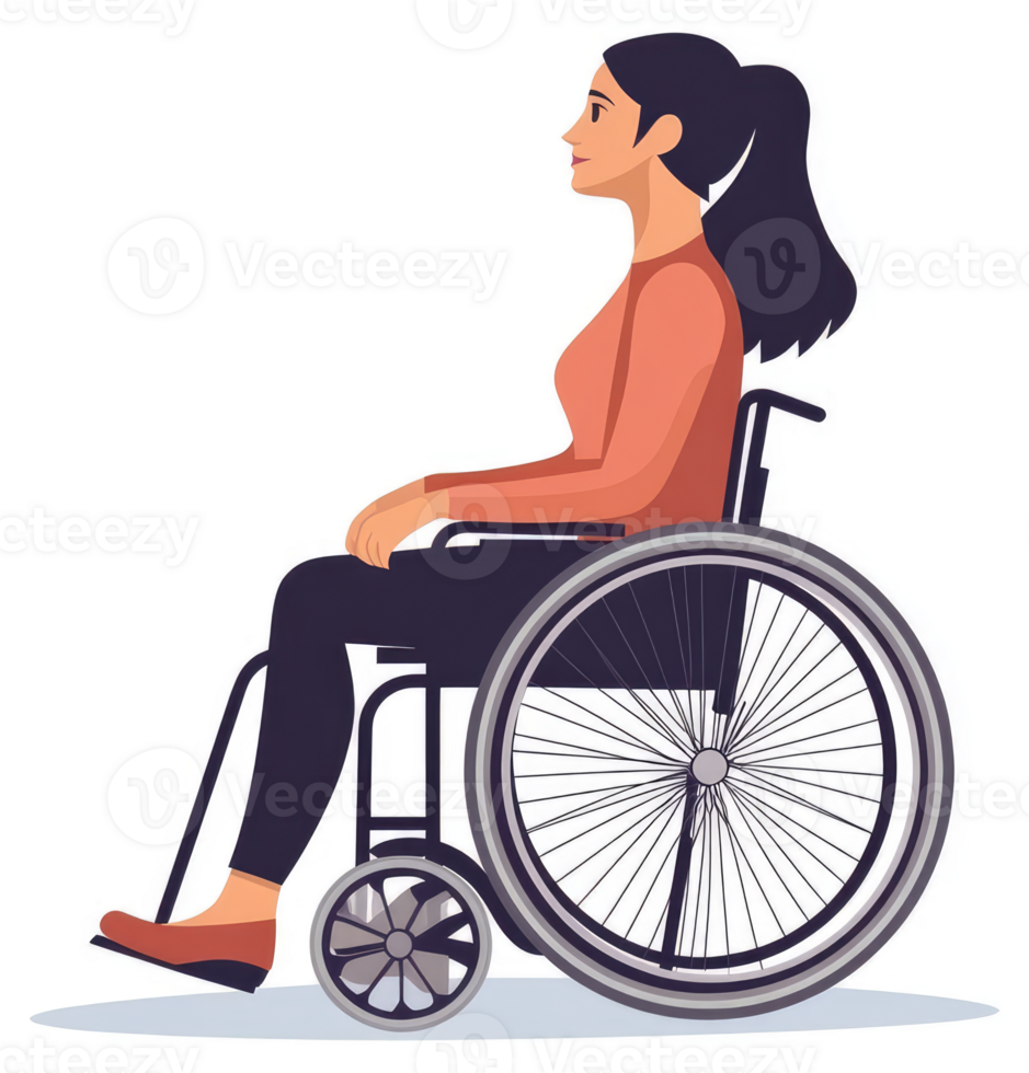 A woman in a wheelchair, profile view, promoting accessibility. png