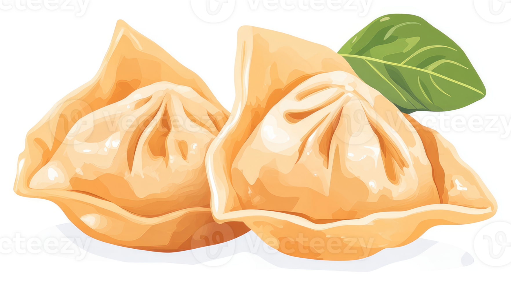 Two delicious pan-fried dumplings with a basil leaf garnish. png