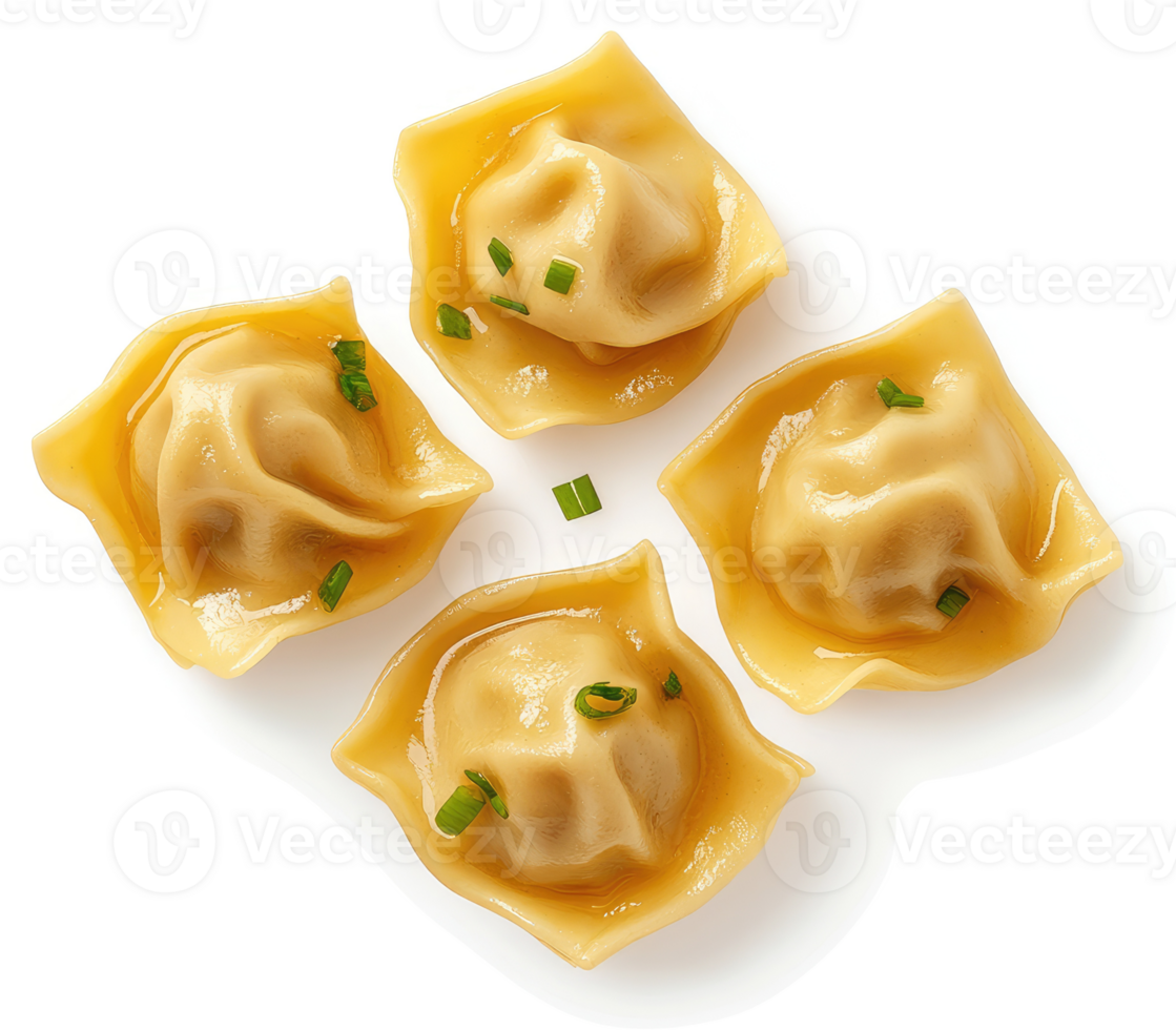 Four golden, flavorful wonton dumplings, topped with fresh green onions. png