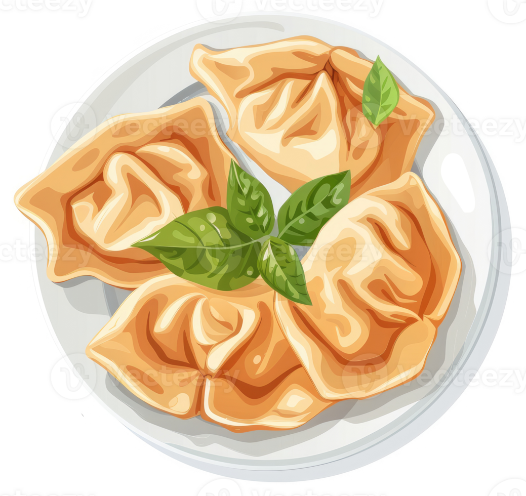 Three golden dumplings on a plate with fresh basil. png
