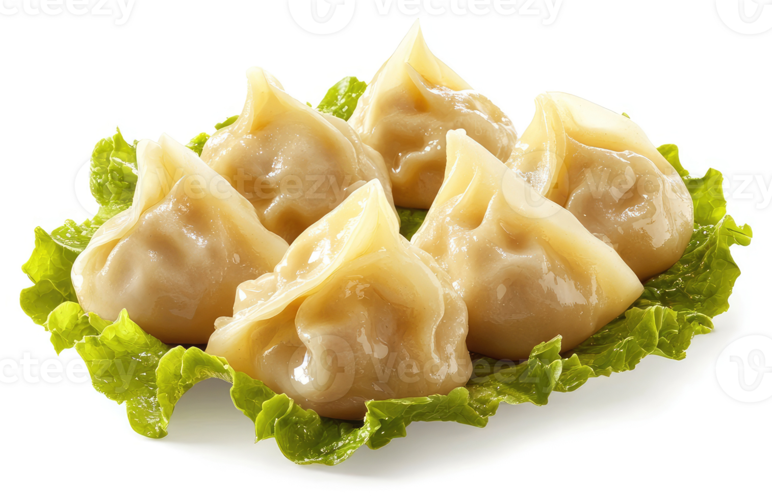 A close-up view of several golden-brown dumplings on a bed of fresh lettuce. png