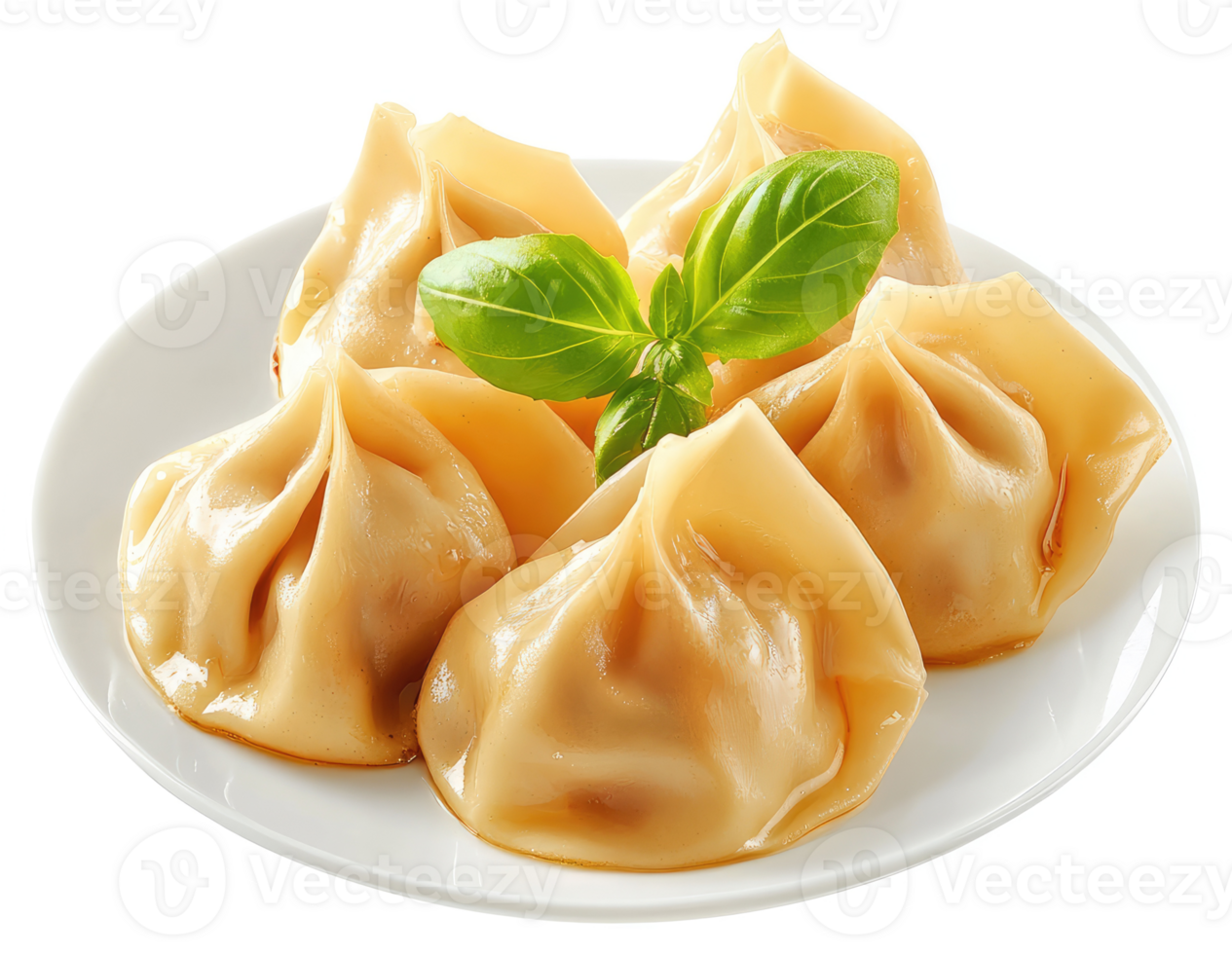 Steamed dumplings with fresh basil garnish on a plate. png