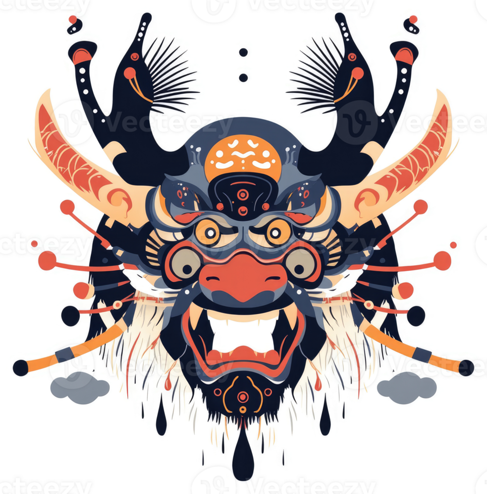 A stylized, abstract dragon mask design with vibrant colors. png