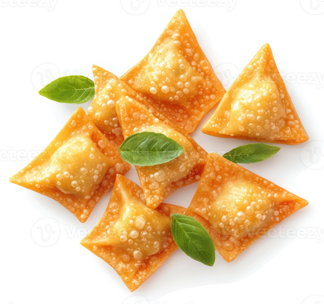 Golden, crispy wonton dumplings with fresh basil garnish. png