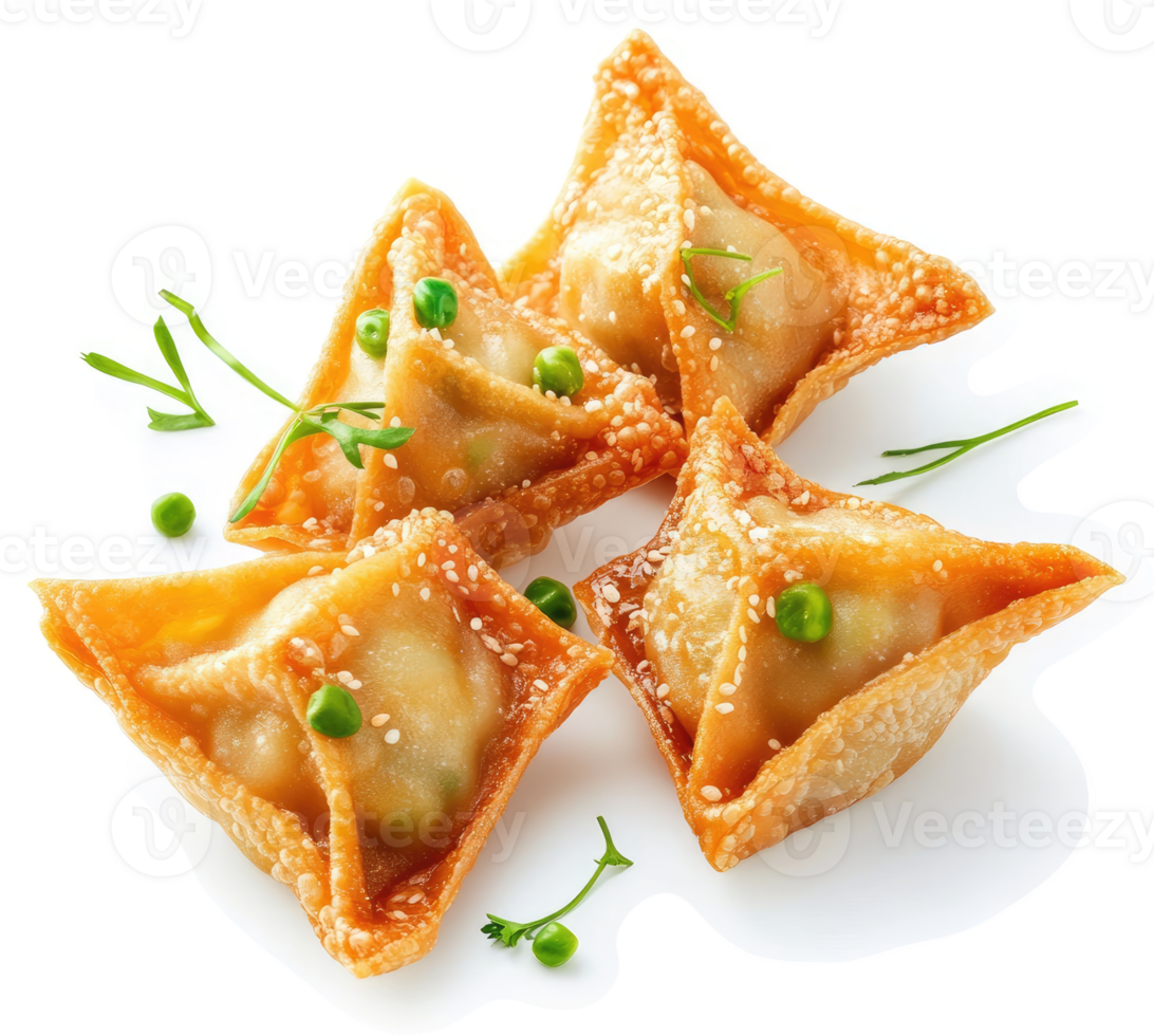 Crispy golden triangle dumplings with peas and sesame seeds. png