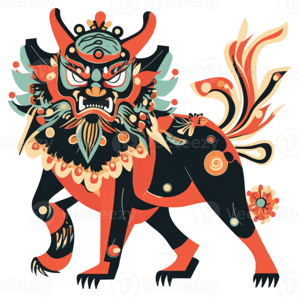 A vibrant illustration of a ferocious, decorative lion-dog creature. png
