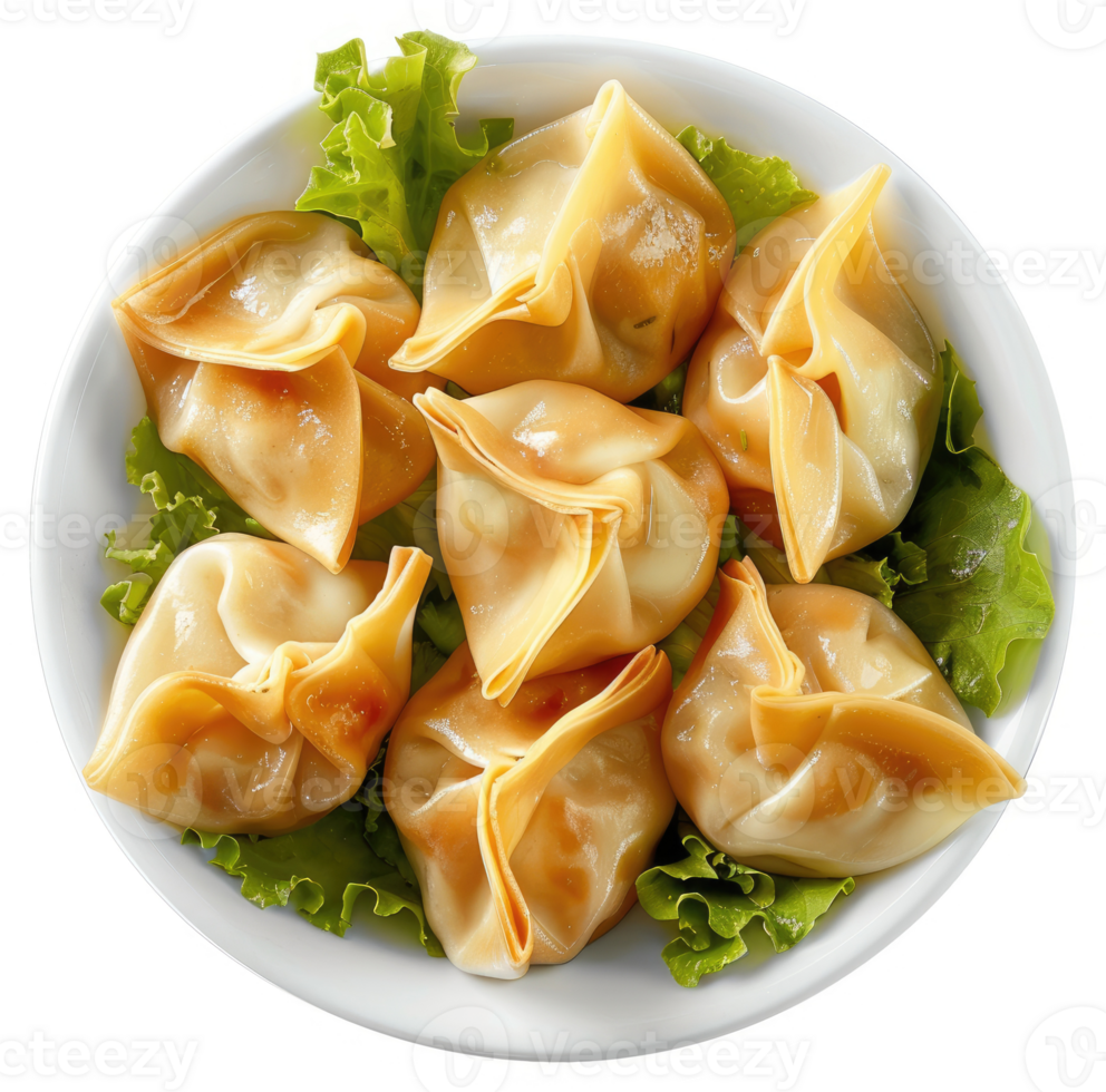 Golden-brown, savory dumplings, nestled on a bed of fresh lettuce. png