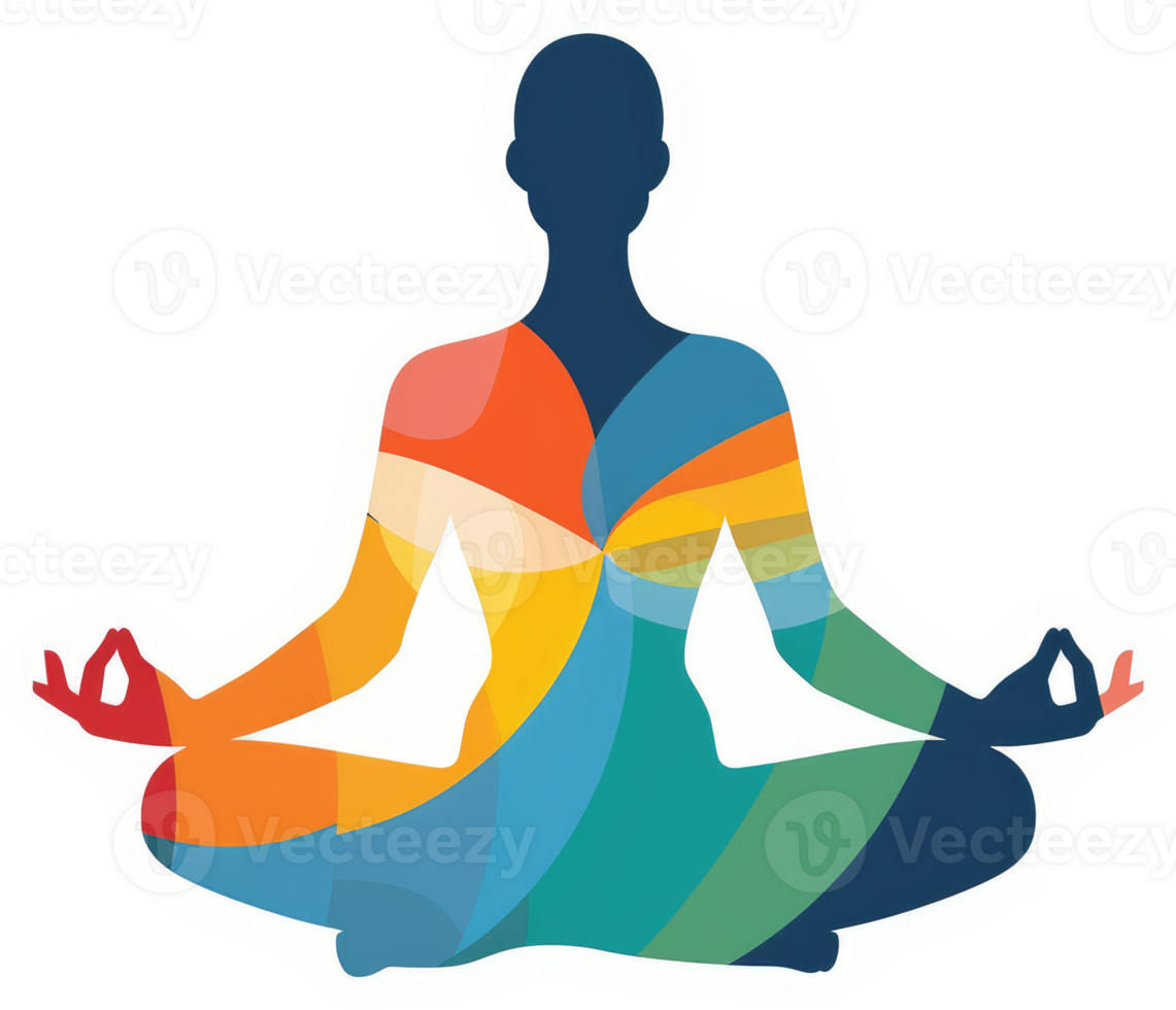 A vibrant illustration of a person in a meditative pose, adorned with colorful, layered shapes. png