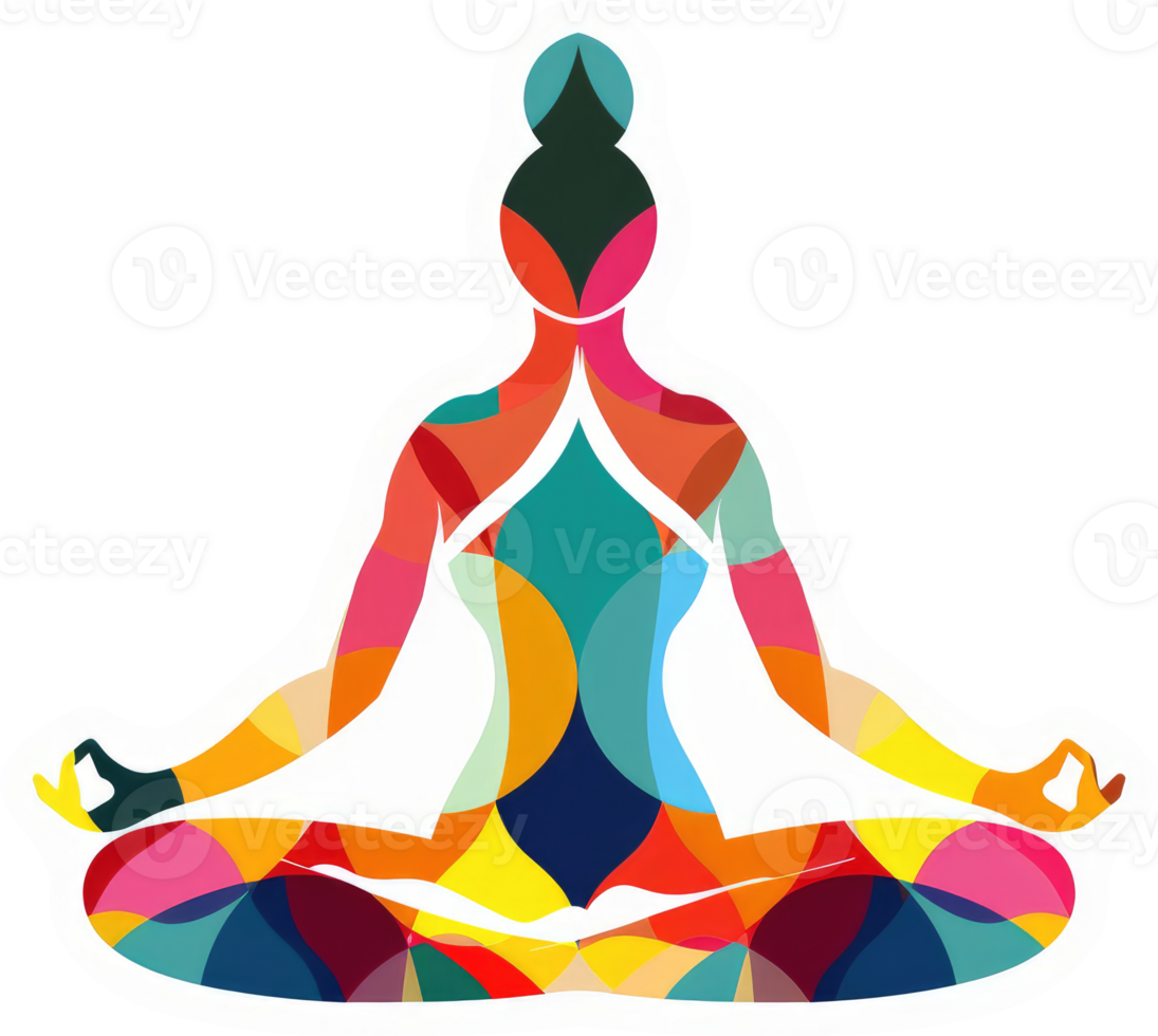 A vibrant abstract illustration of a woman meditating in a colorful yoga pose. png