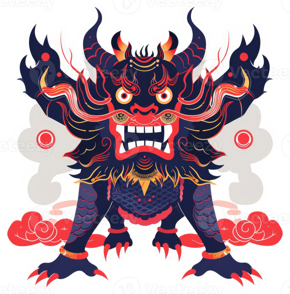 A vibrant illustration of a ferocious chinese guardian lion. png