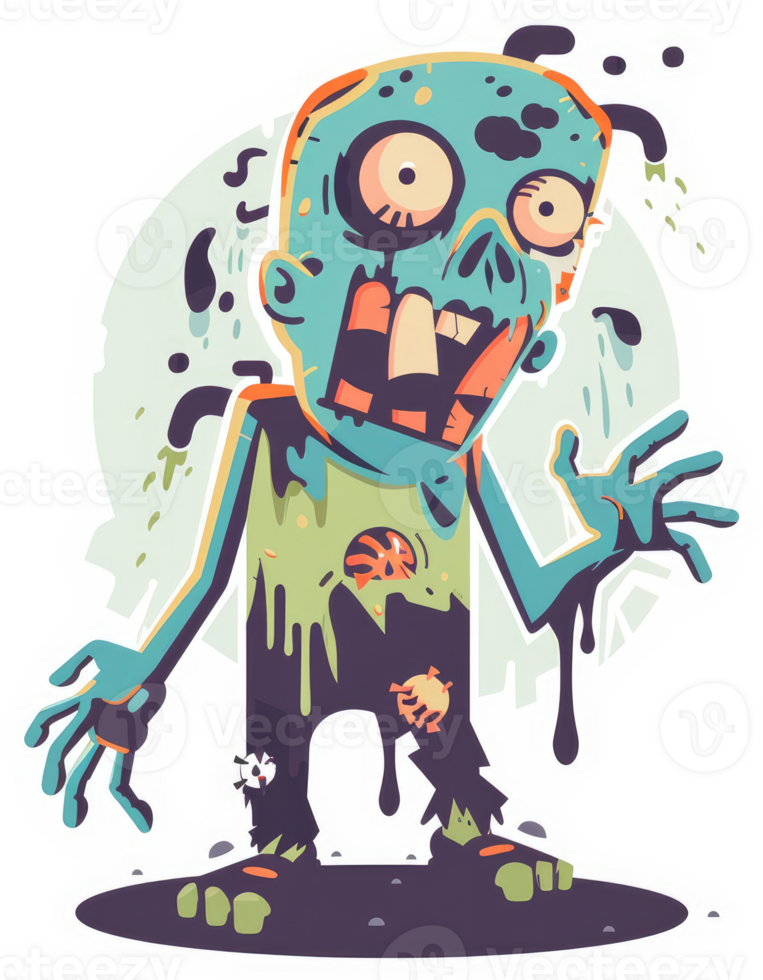 A cartoon zombie with dripping fluids, wide eyes, and an open mouth. png