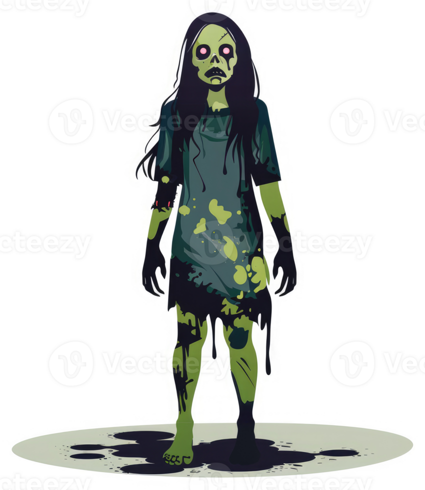 A decaying, green-skinned girl zombie figure, dripping with dark liquid. png