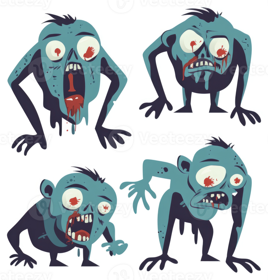 Four cartoon zombie characters in various poses. png