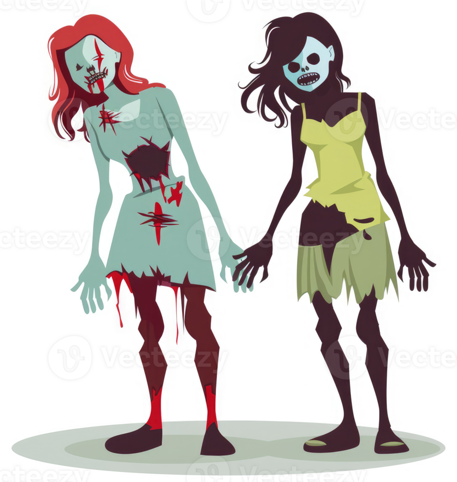 Two gruesome zombie women, blood-soaked and tattered, stand side-by-side. png
