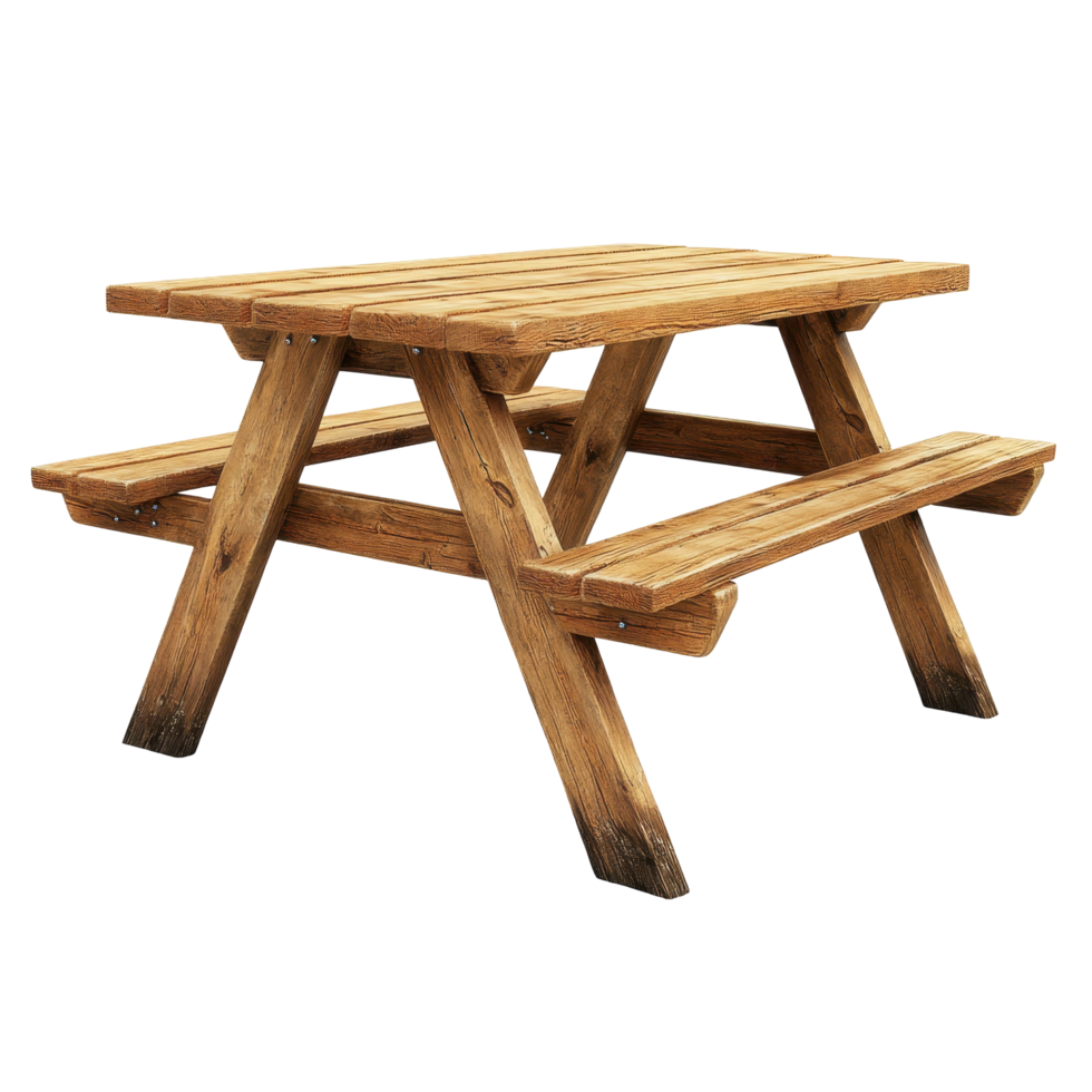 Rustic wooden picnic table with benches png