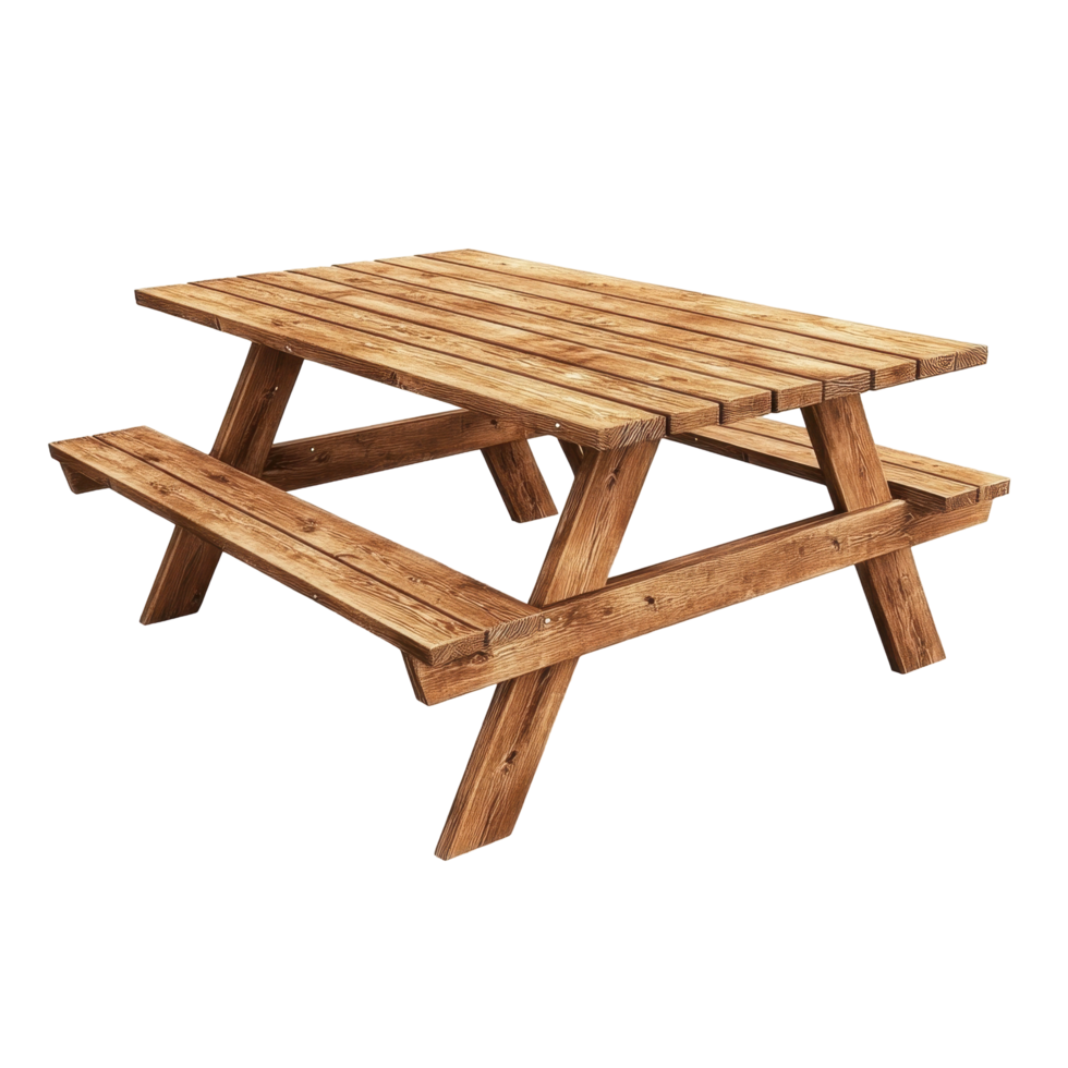 Rustic wooden picnic table with benches. png
