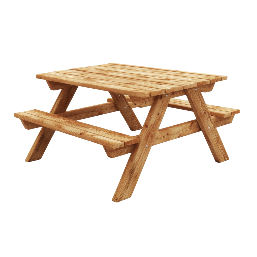 Rustic wooden picnic table with two benches. png