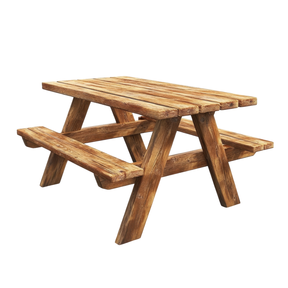 Rustic wooden picnic table stands ready for outdoor use. png